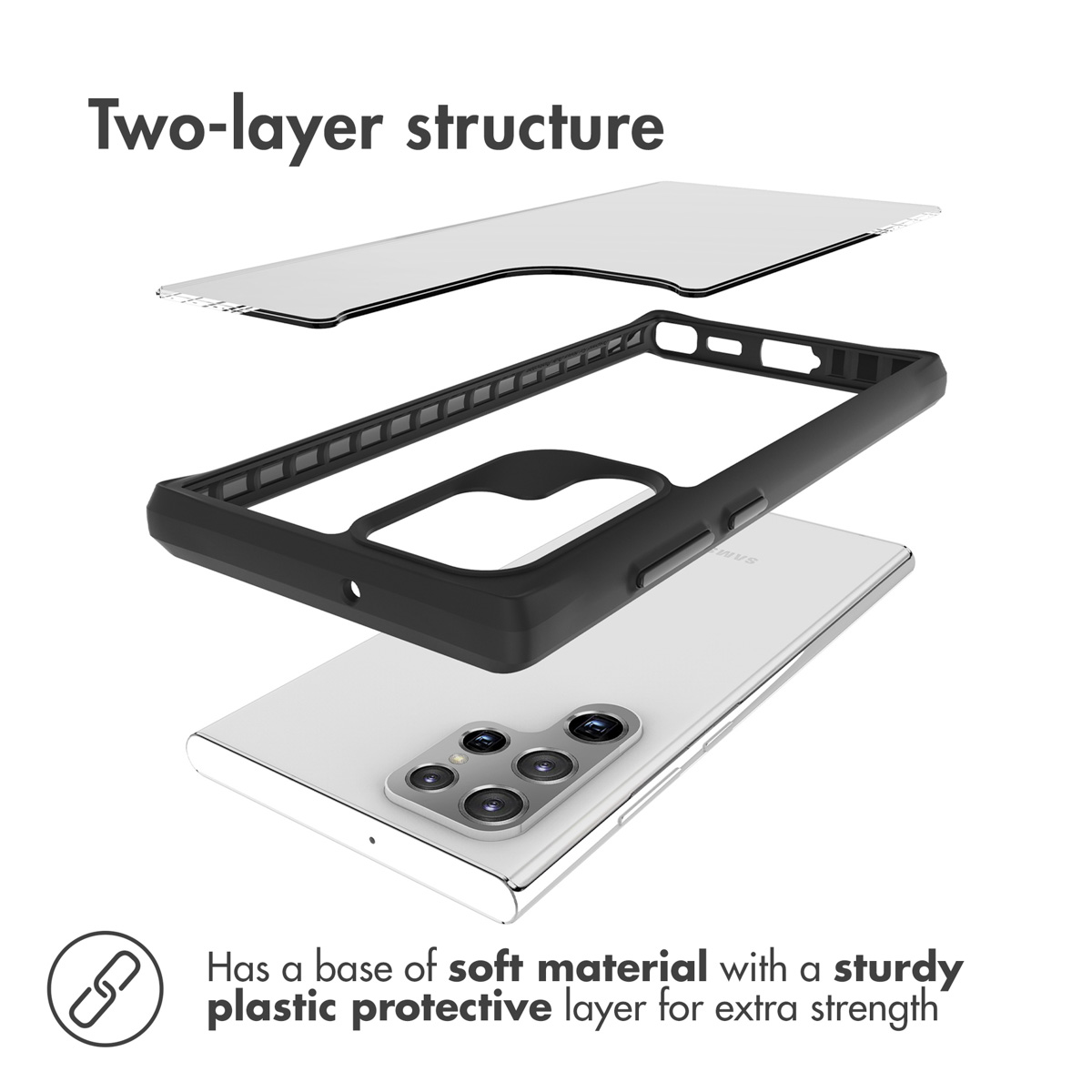 Diagramme montrant la structure à deux couches d'une coque de téléphone avec base souple et plastique.