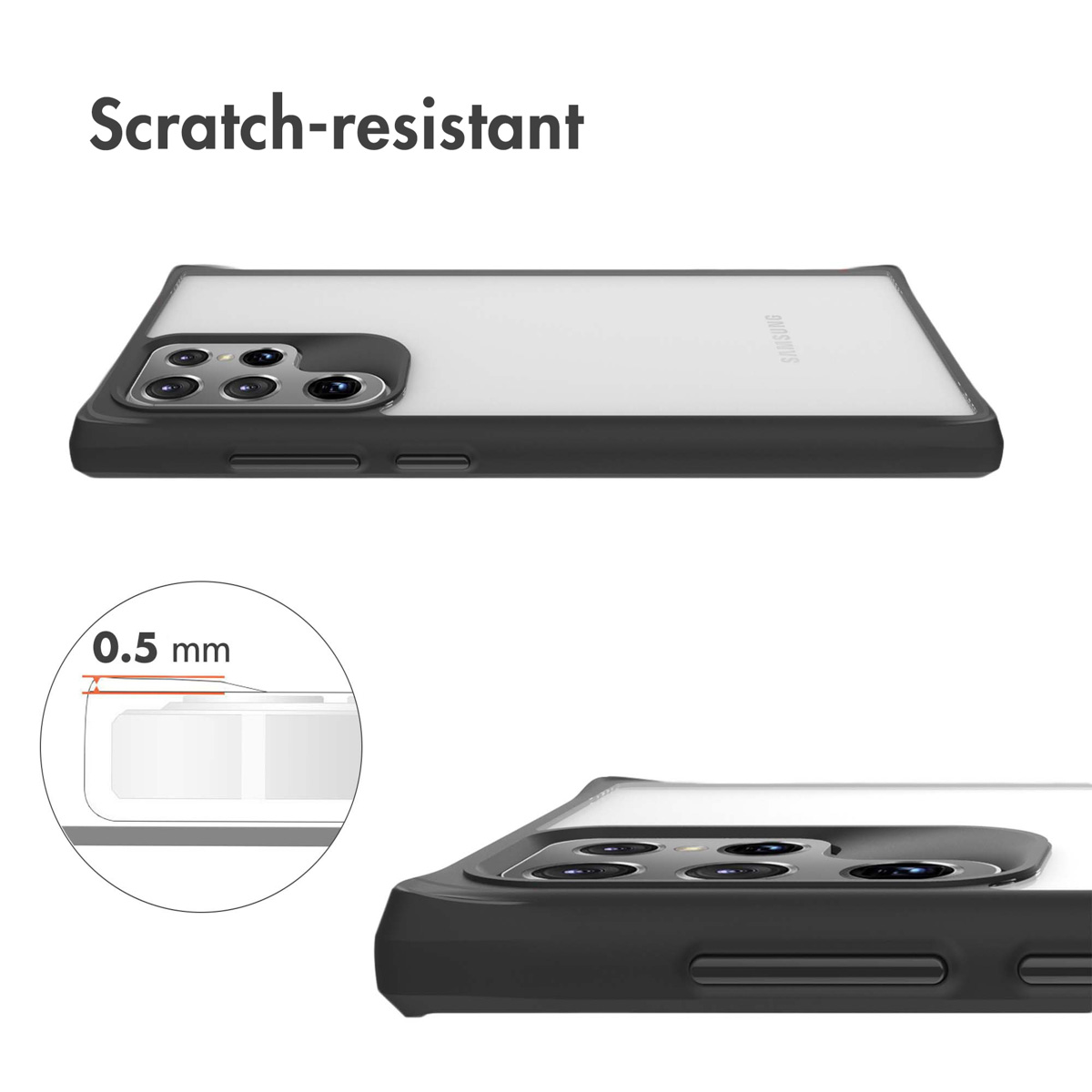 Coque résistante aux rayures avec rebord de caméra de 0,5 mm.