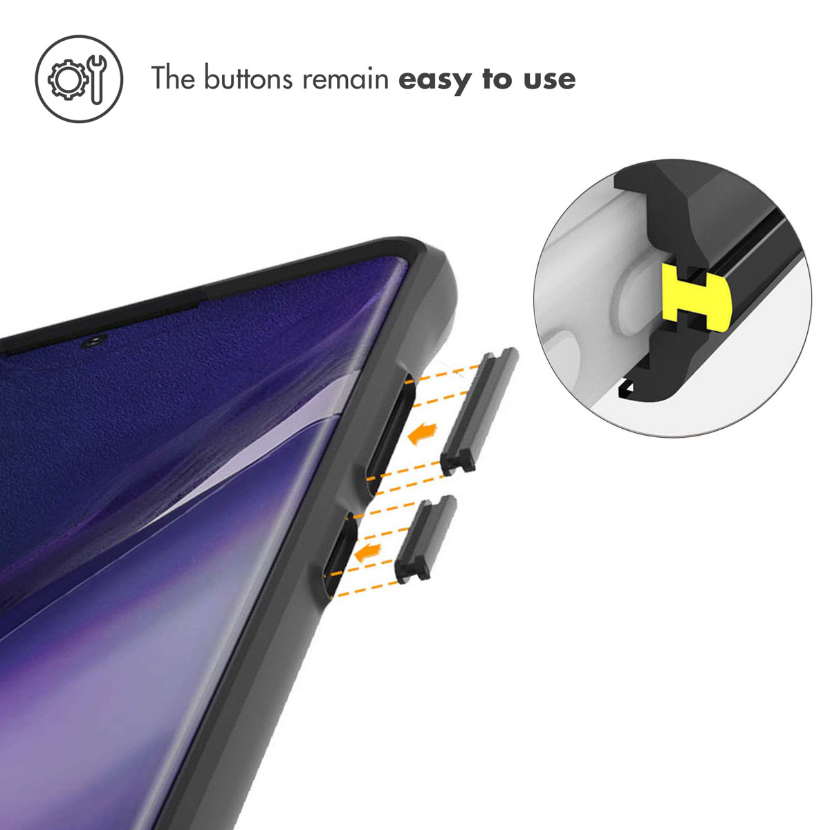 Smartphone dans un étui soulignant des boutons et ports faciles d'accès.