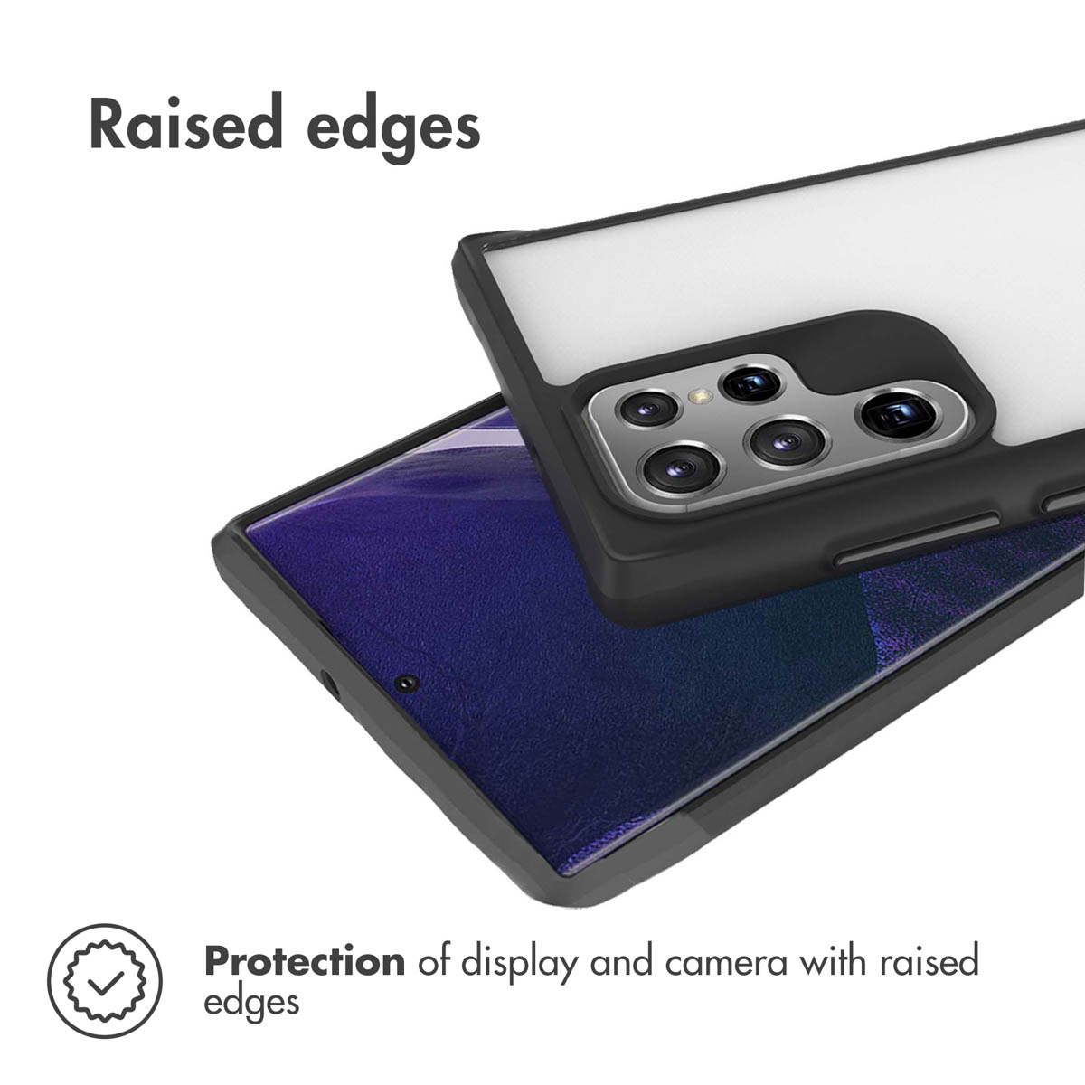 Smartphone dans une coque de protection aux bords surélevés pour écran et appareil photo.