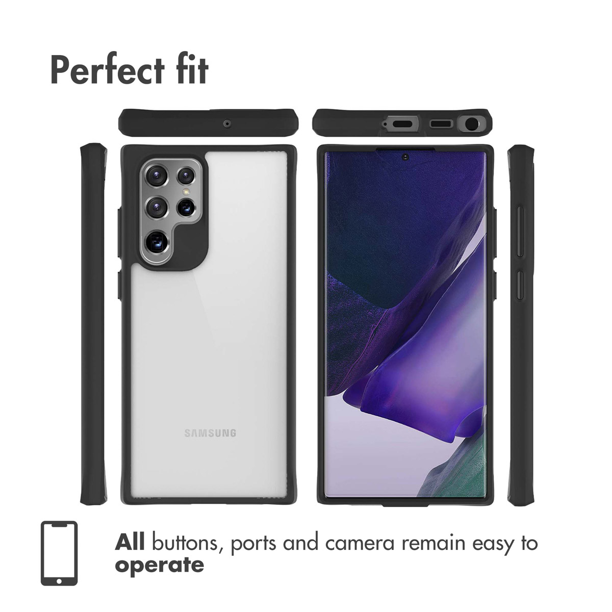 Une coque de téléphone noire montrant les angles avant, arrière et latéraux avec ports et boutons accessibles.