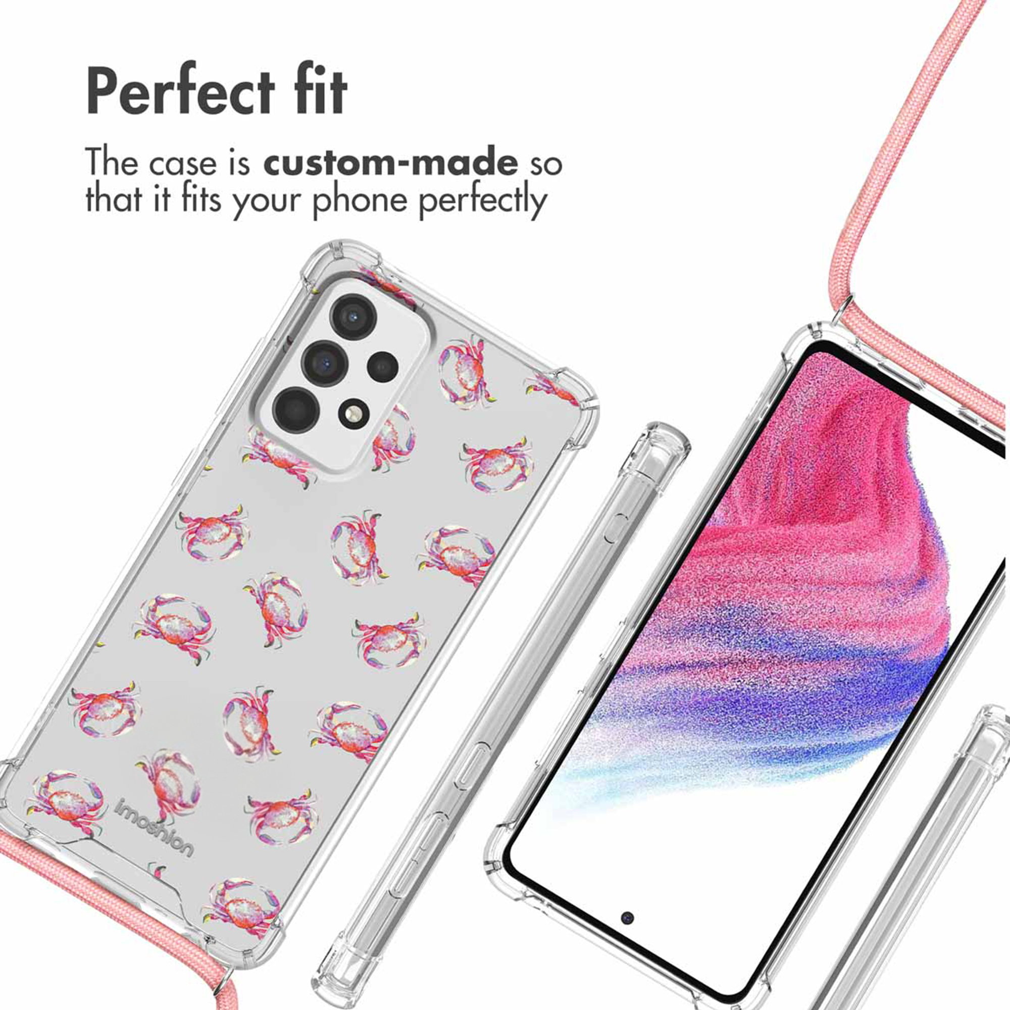 Coque de téléphone transparente avec motif de crabe et lanière rose sur fond blanc.