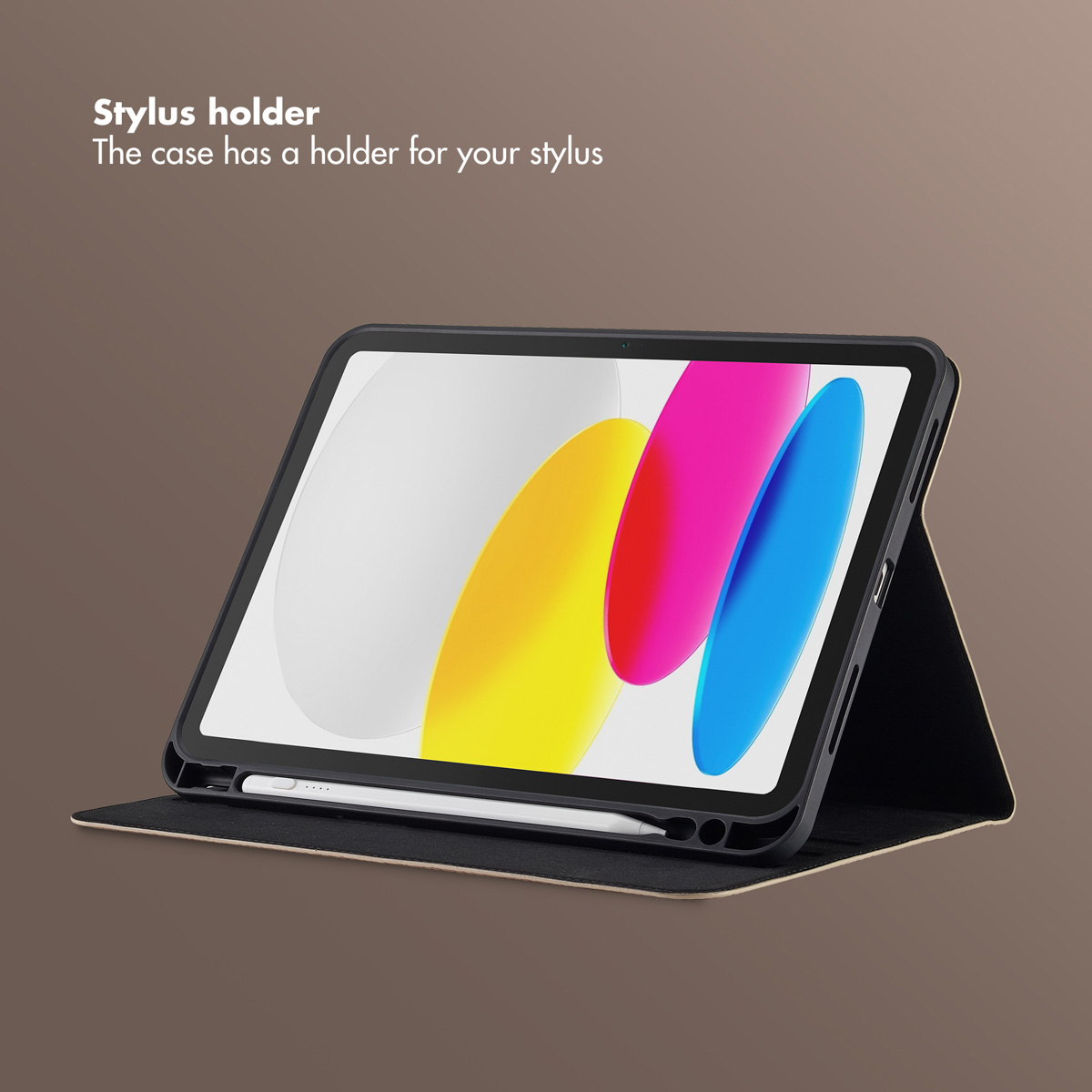 A tablet in a stand, showcasing a built-in stylus holder with a white stylus.