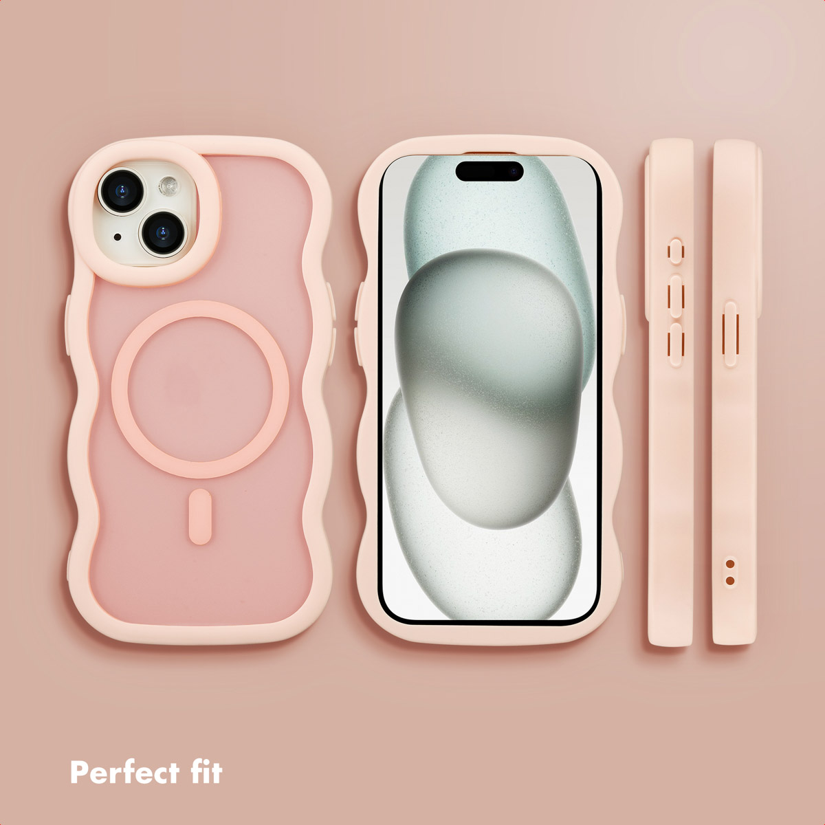 Roze, golvende telefoonhoes met MagSafe, getoond met een bijpassende telefoon.