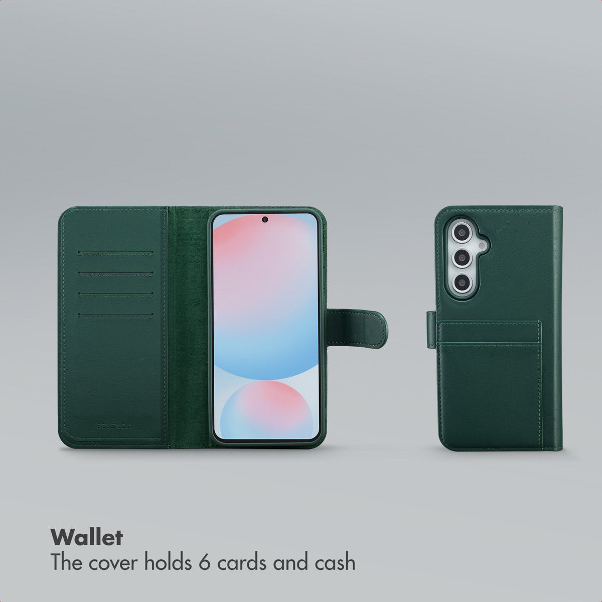 Custodia per telefono a portafoglio in pelle verde con fessure per carte, aperta e chiusa.