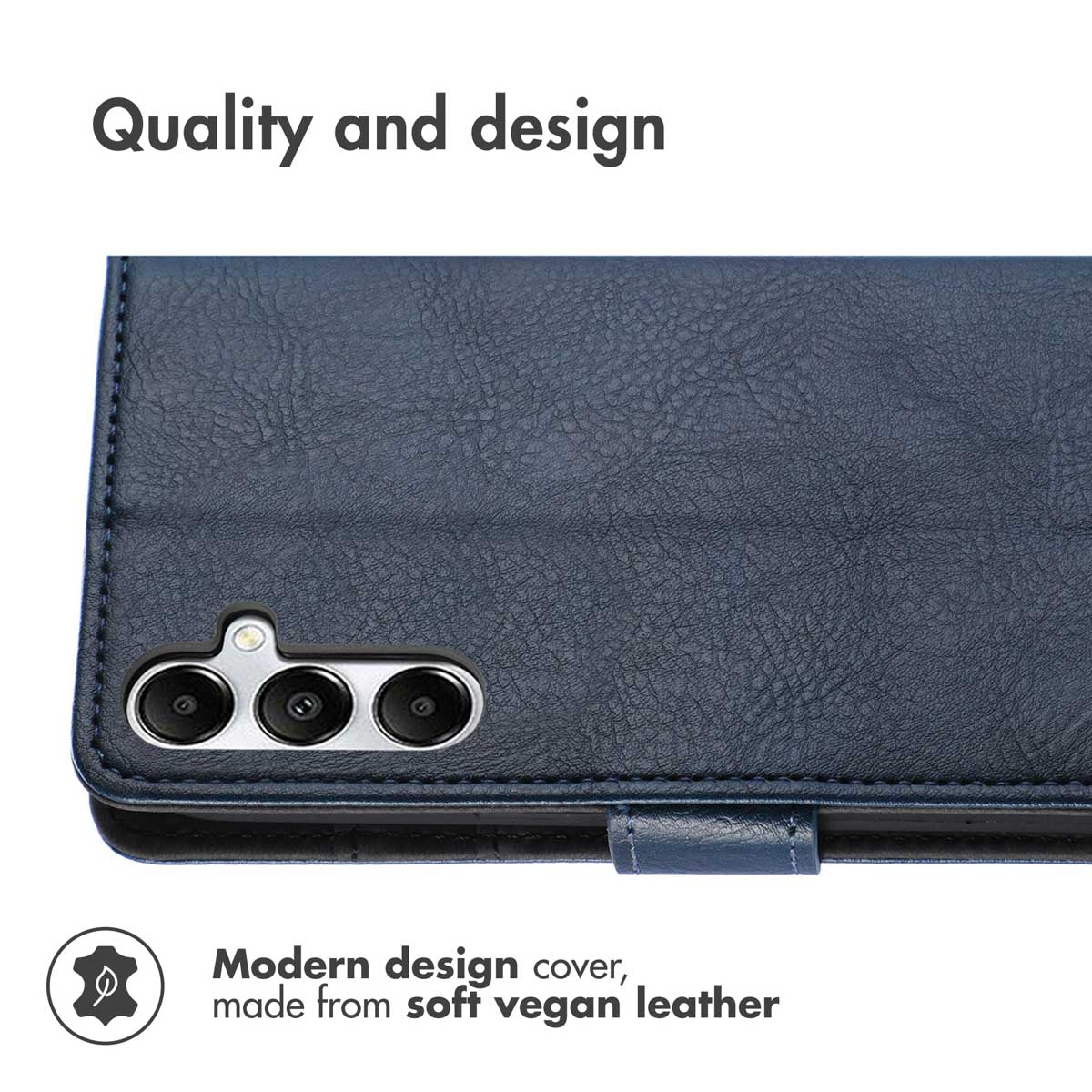 Blaue vegane Leder-Handyhülle mit Kameraaussparung und Text.