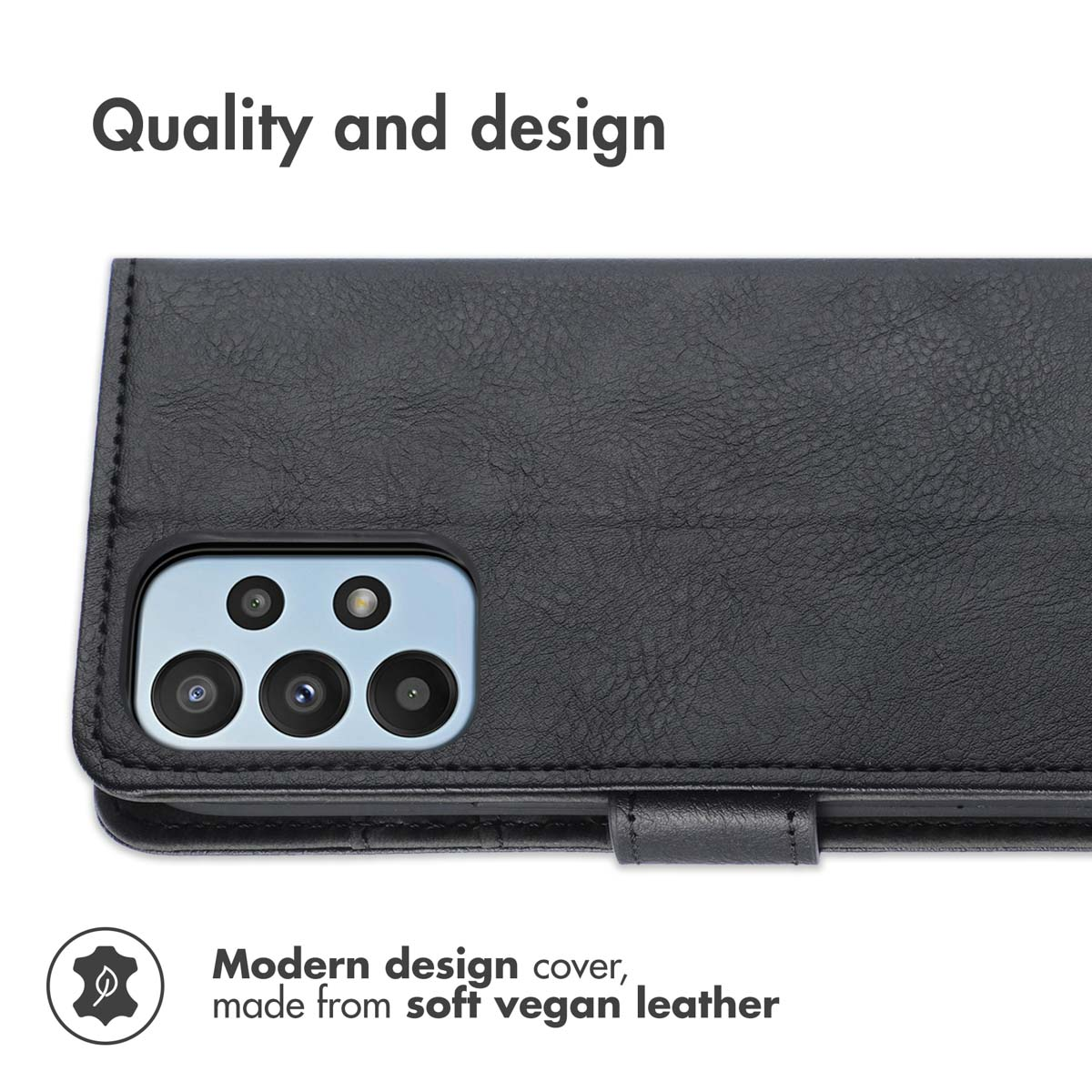 Étui de téléphone en cuir végétalien noir avec découpe pour appareil photo et texte "Quality and design".