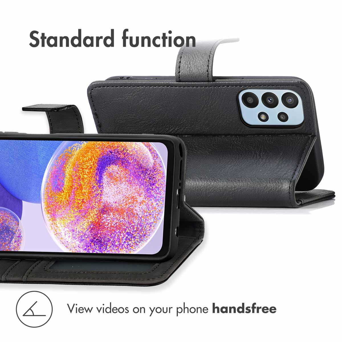 Un étui portefeuille en cuir noir maintient un smartphone à l'écran coloré avec support intégré.