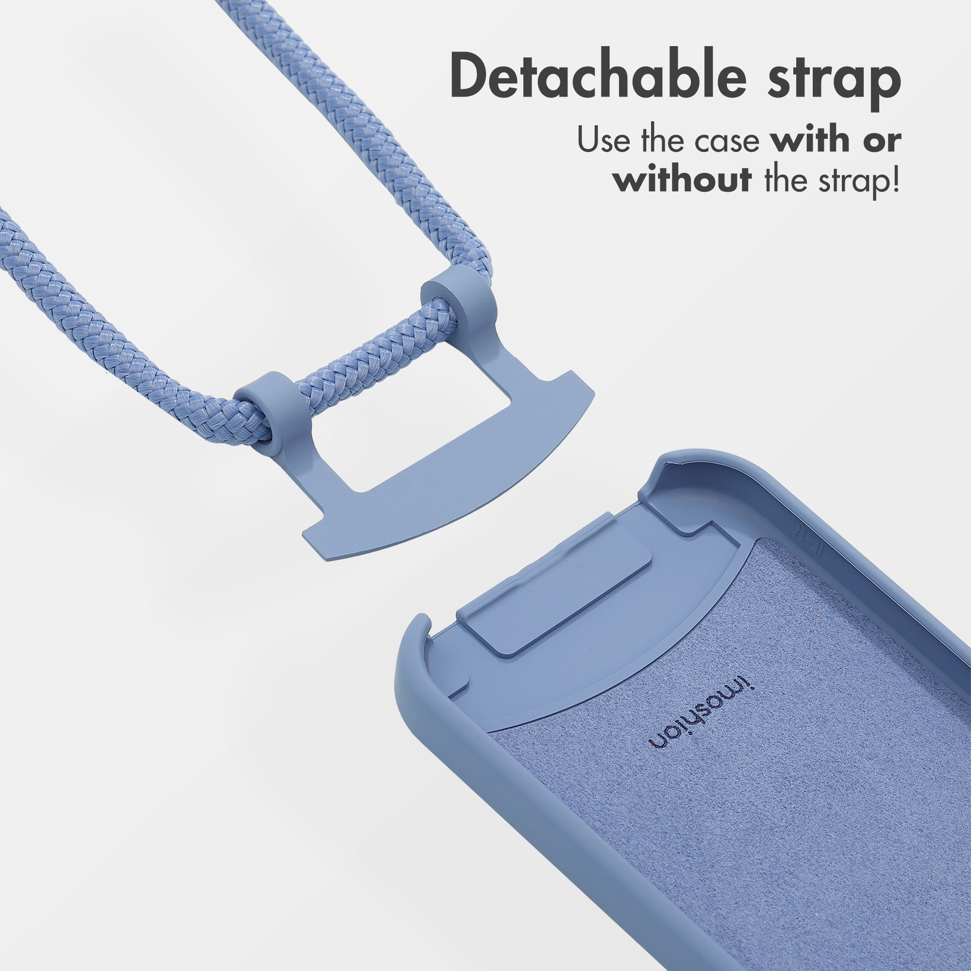 Blauwe telefoonhoes met afneembare strap en tekst.