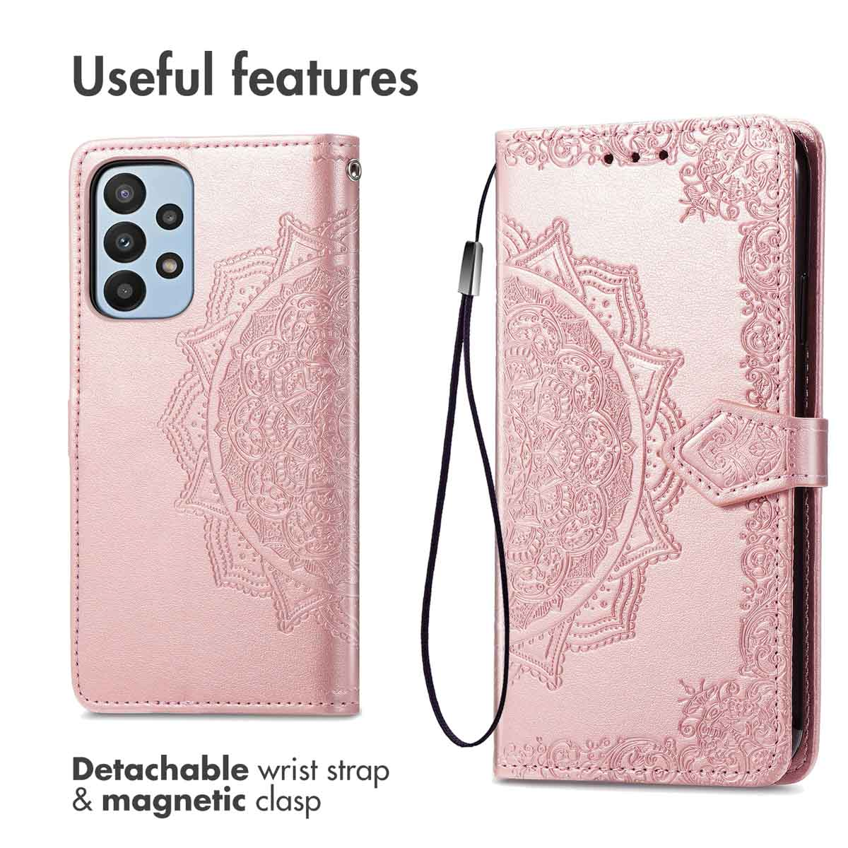 Étui portefeuille rose pour téléphone avec motif mandala, dragonne et fermoir magnétique.