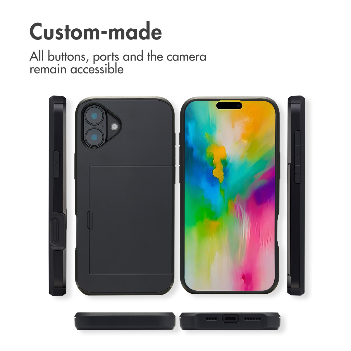 Funda de teléfono negra con tarjetero muestra vistas frontal, trasera y laterales con puertos accesibles.