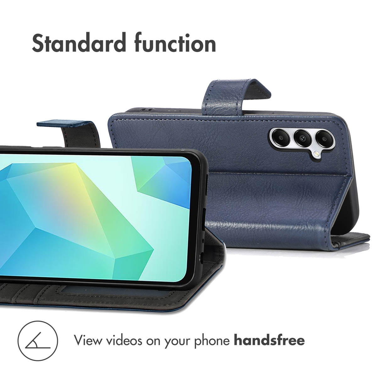 Eine blaue Handytasche aus Leder mit Smartphone, von vorne und hinten gezeigt, um die Standfunktion zu demonstrieren.