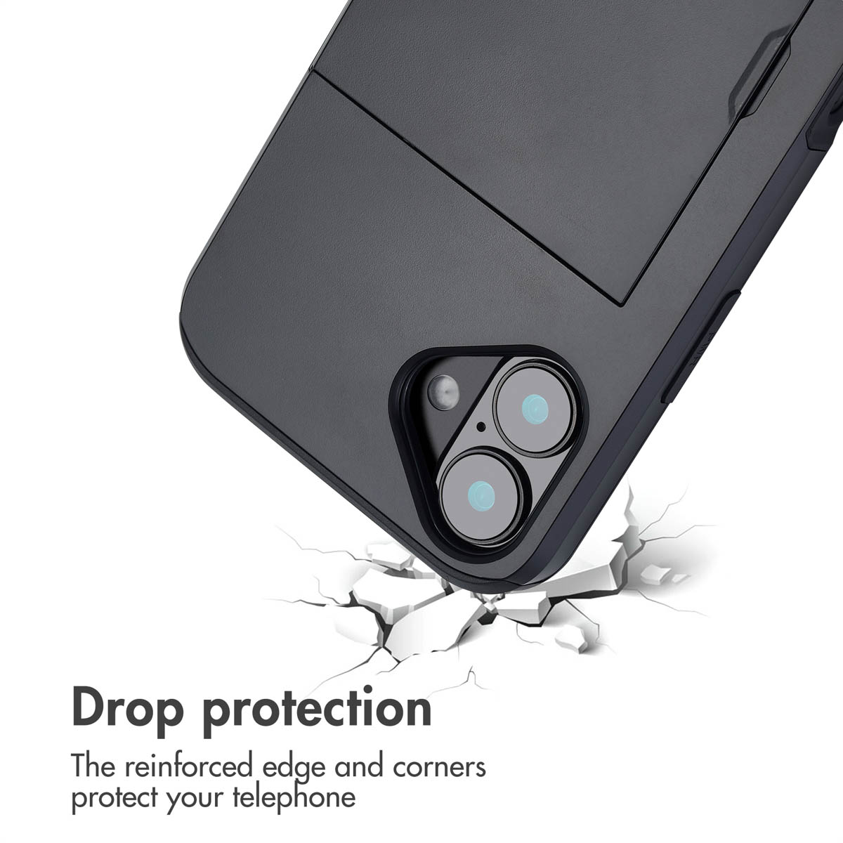 Funda de móvil negra con tarjetero que protege un smartphone de caídas, texto de protección contra caídas.