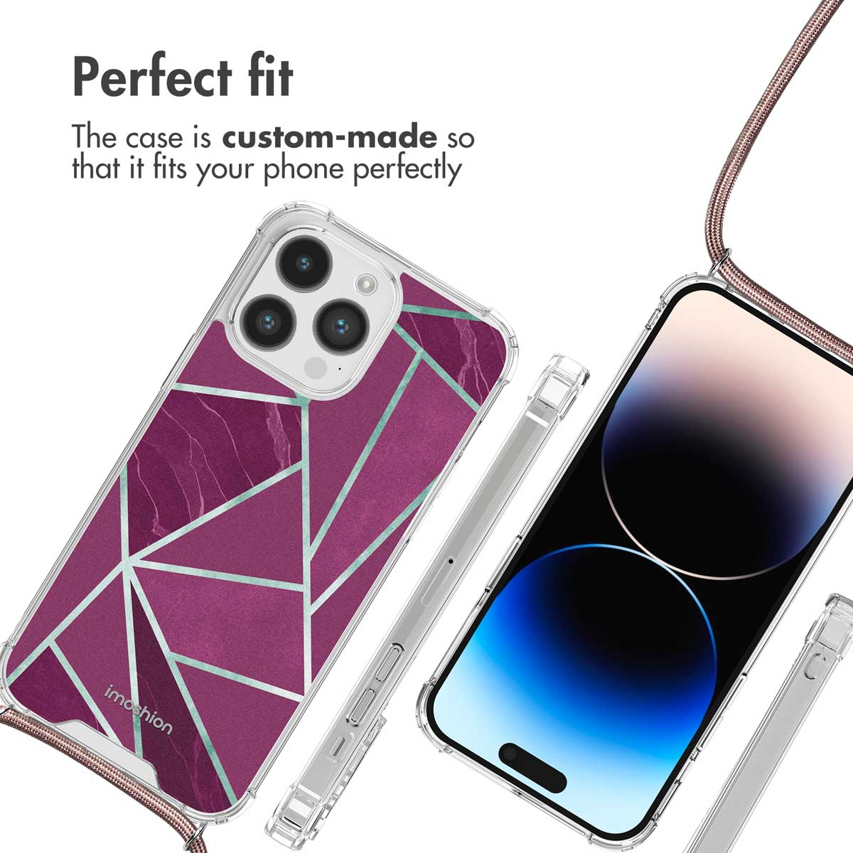 Eine transparente Schutzhülle mit lila geometrischem Muster und Umhängeband an einem Smartphone.
