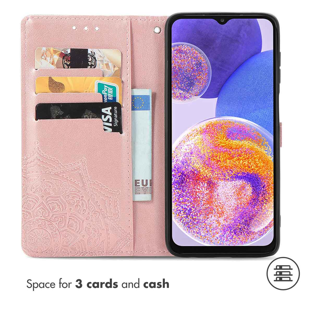 Étui de téléphone rose type portefeuille avec trois fentes pour cartes et un compartiment à billets.