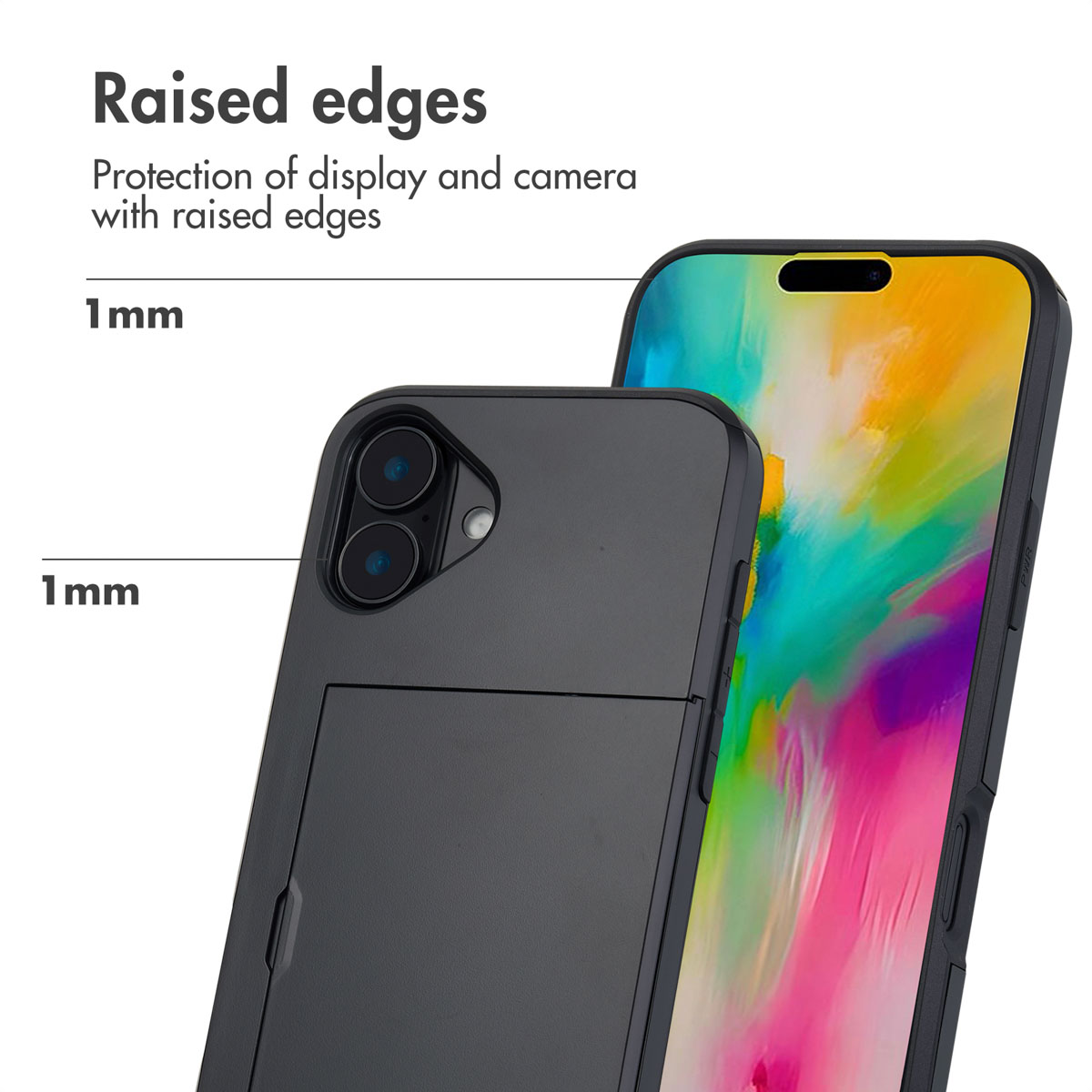 Smartphone con funda negra y tarjetero destaca 1mm de protección en pantalla y cámara.