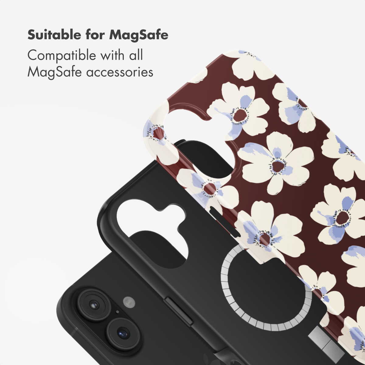Cover per telefono con motivo floreale su fondo scuro, compatibile MagSafe.