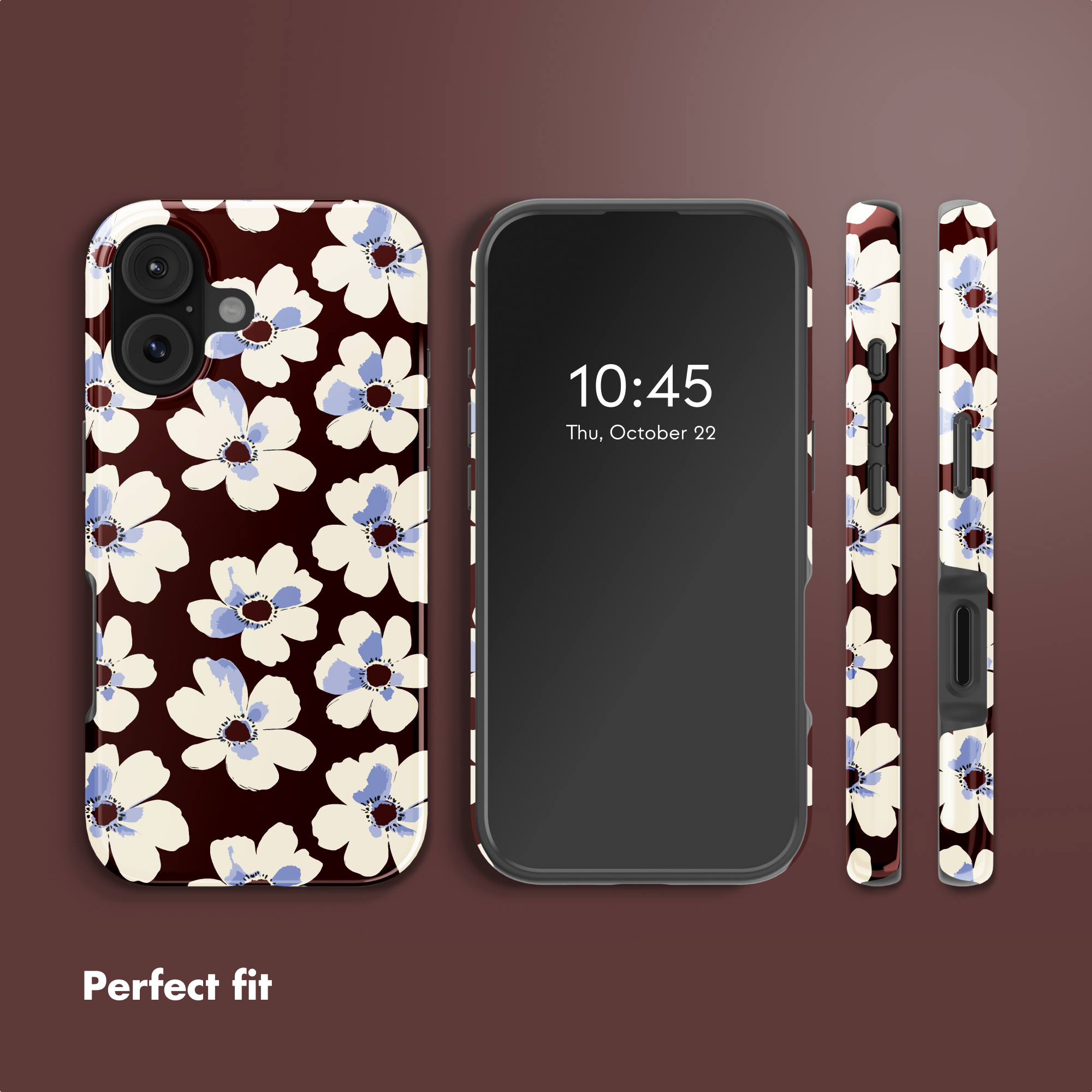 Uno smartphone mostra una cover con fiori bianchi e blu su sfondo rosso scuro e la scritta Perfect fit.