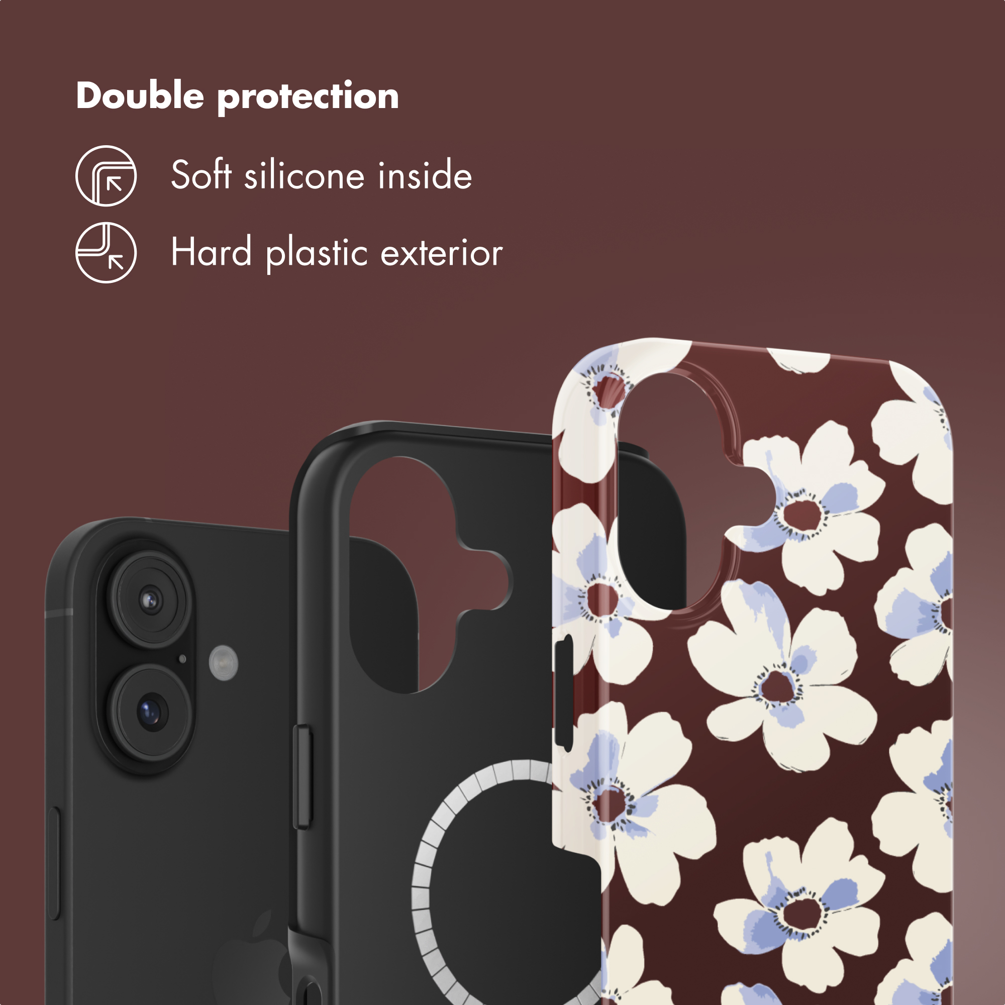 Cover per telefono con silicone morbido interno e plastica dura esterna. Testo: Double protection.