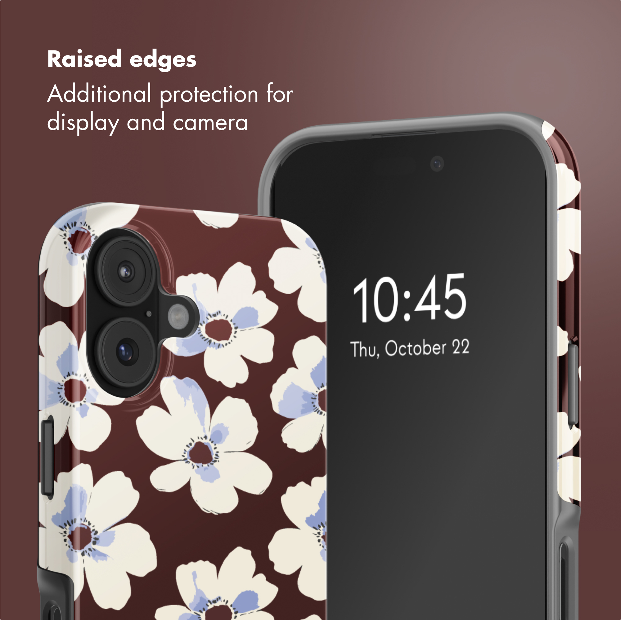 Smartphone in custodia protettiva marrone con motivo floreale bianco e bordi rialzati.