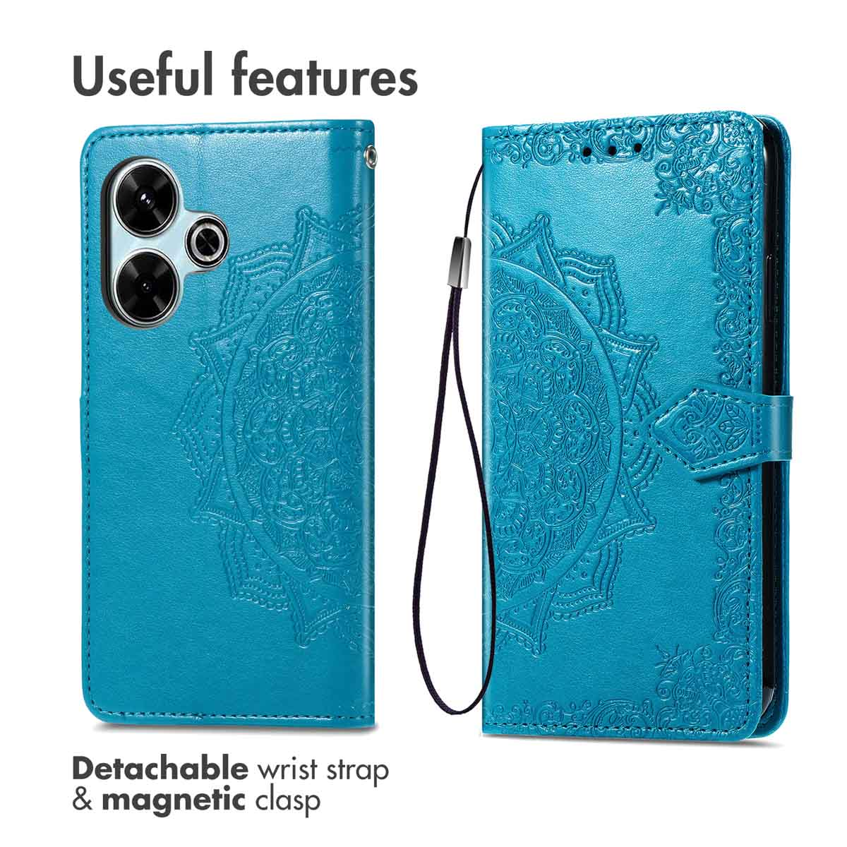 Custodia per telefono in pelle blu con mandala, laccetto e chiusura.
