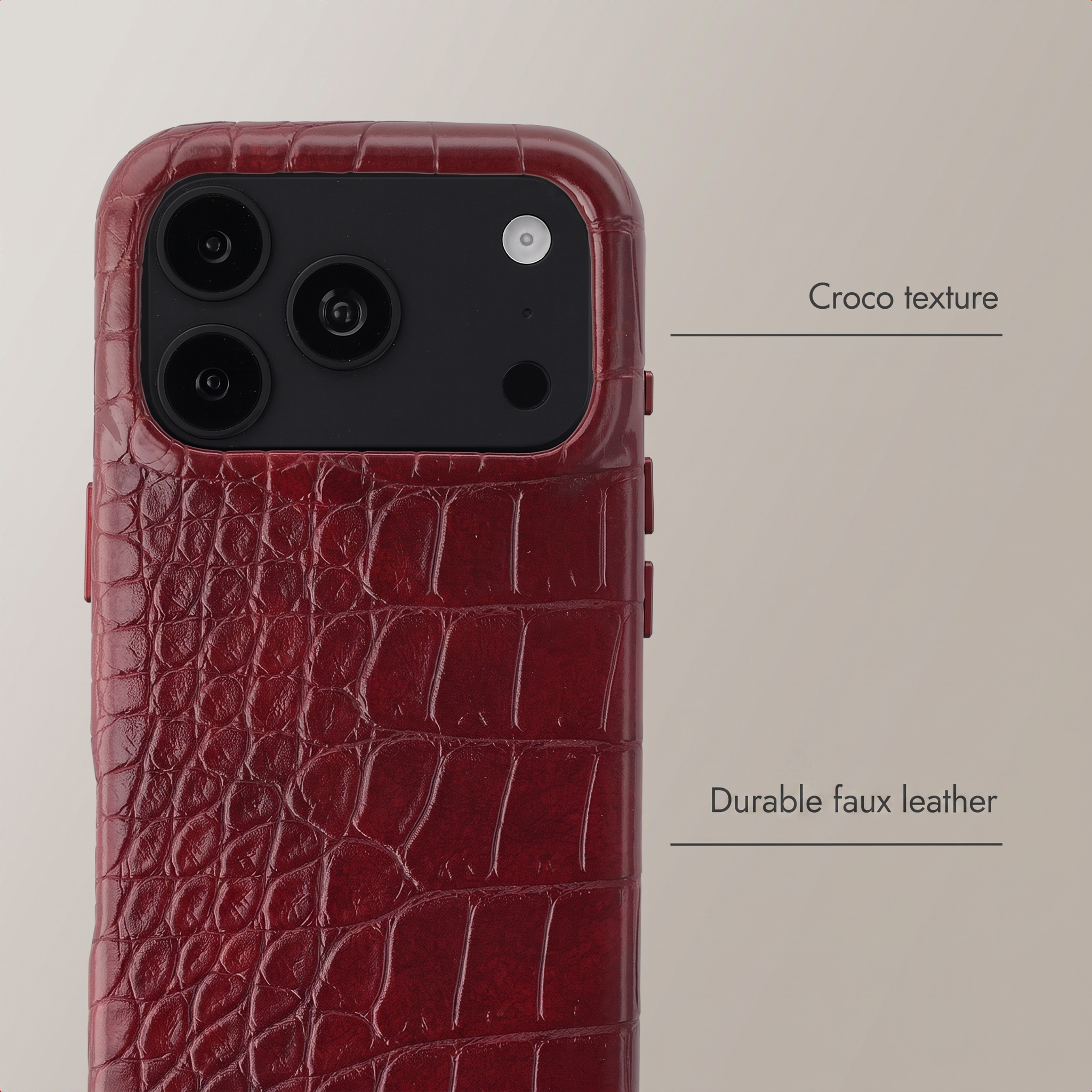Custodia per smartphone rossa con trama coccodrillo in ecopelle resistente e ritaglio fotocamera nero.