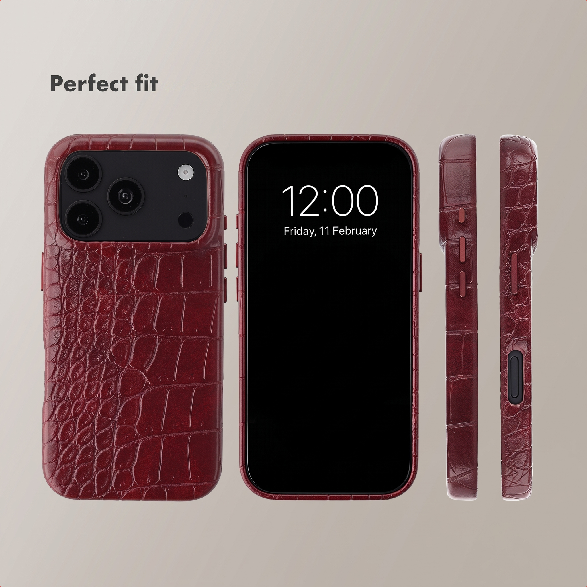 Diverse viste di una custodia per smartphone rosso scuro con motivo coccodrillo e uno smartphone.