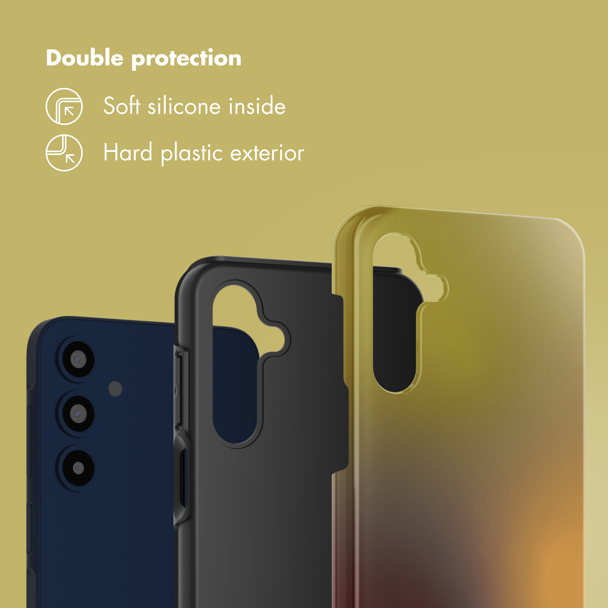 Smartphone mit doppelter Schutzhülle aus weichem Silikon innen und hartem Plastik außen.