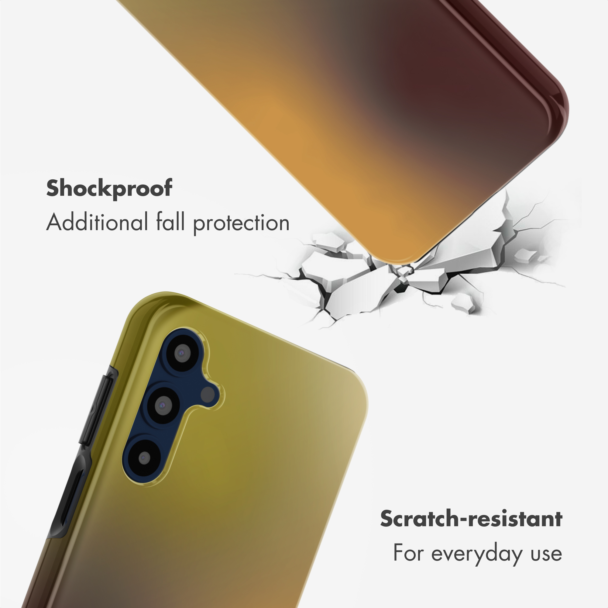 Goldene Smartphone-Hülle auf weißem Hintergrund mit den Texten Schockfest und Kratzfest.