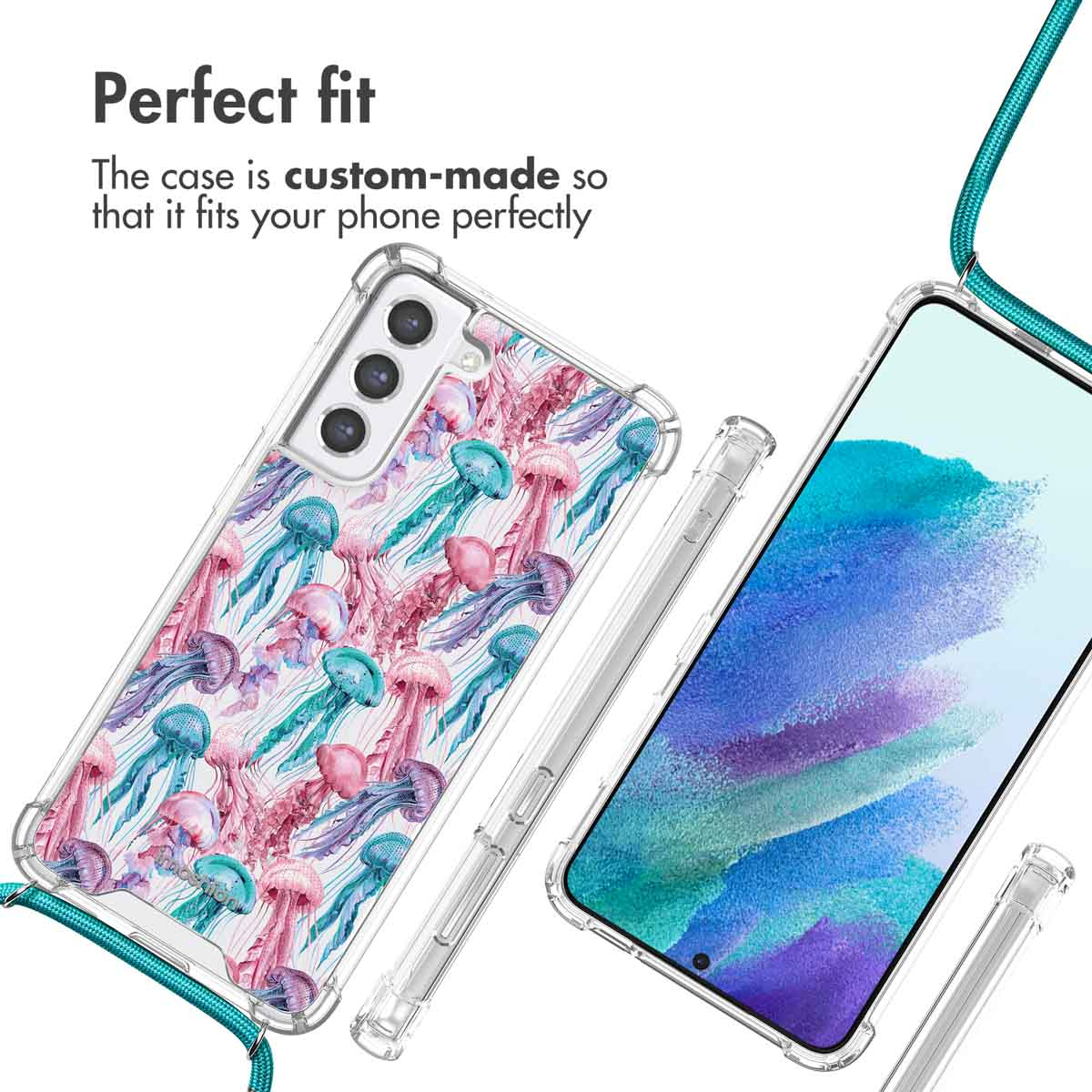Coque transparente avec motif de méduses et cordon bleu, texte Ajout parfait.