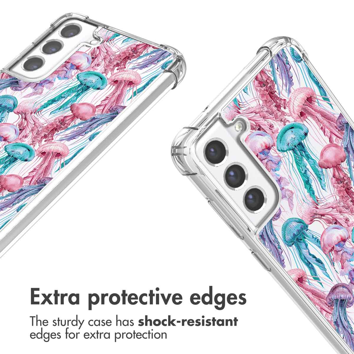 Coque transparente avec motif de méduses roses et bleues, aux bords antichocs.