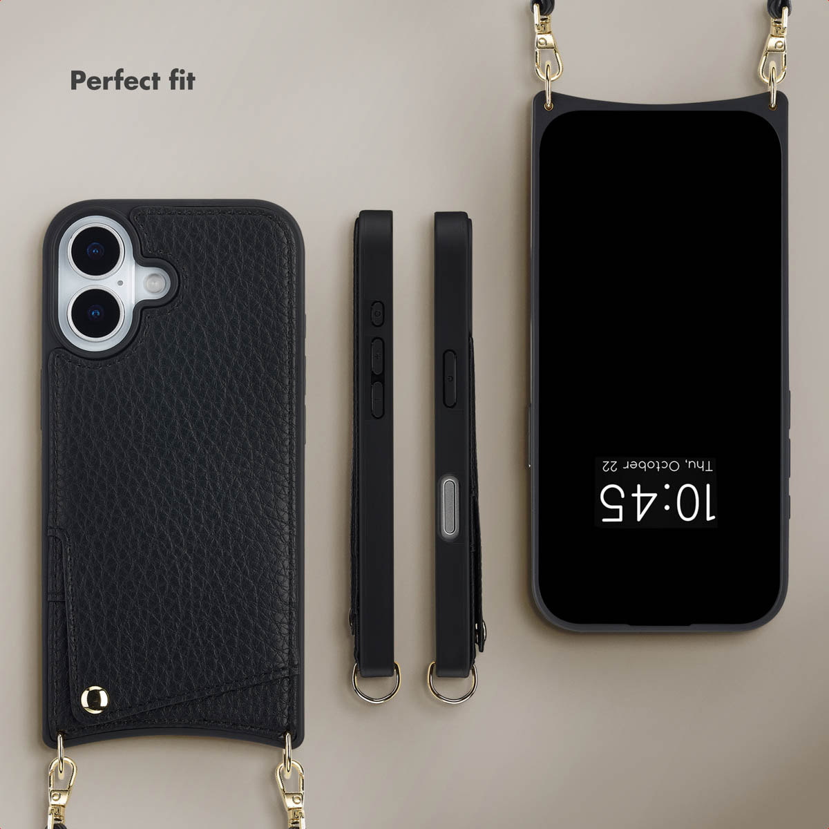 Una funda de piel negra para smartphone mostrada desde varios ángulos con herrajes dorados y correa.
