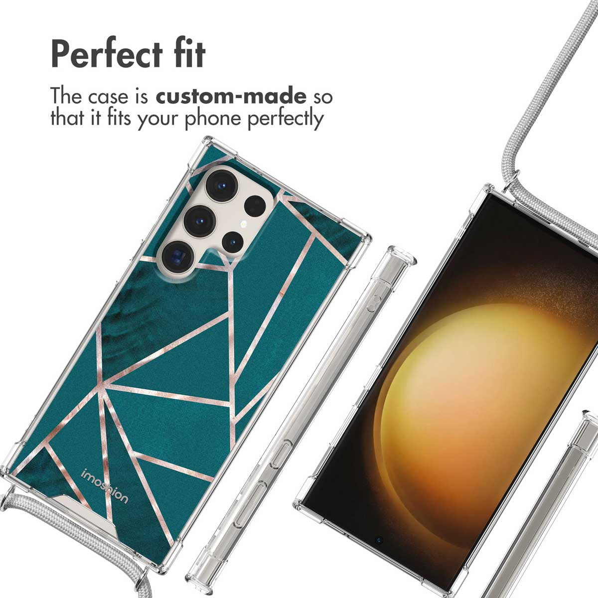 Smartphone dans coque transparente avec motif géométrique sarcelle et or rose, lanière et stylet.