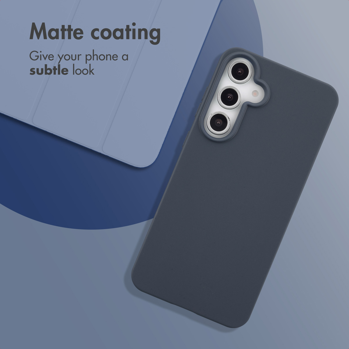 A dark grey smartphone case on a blue background with text about matte coating.