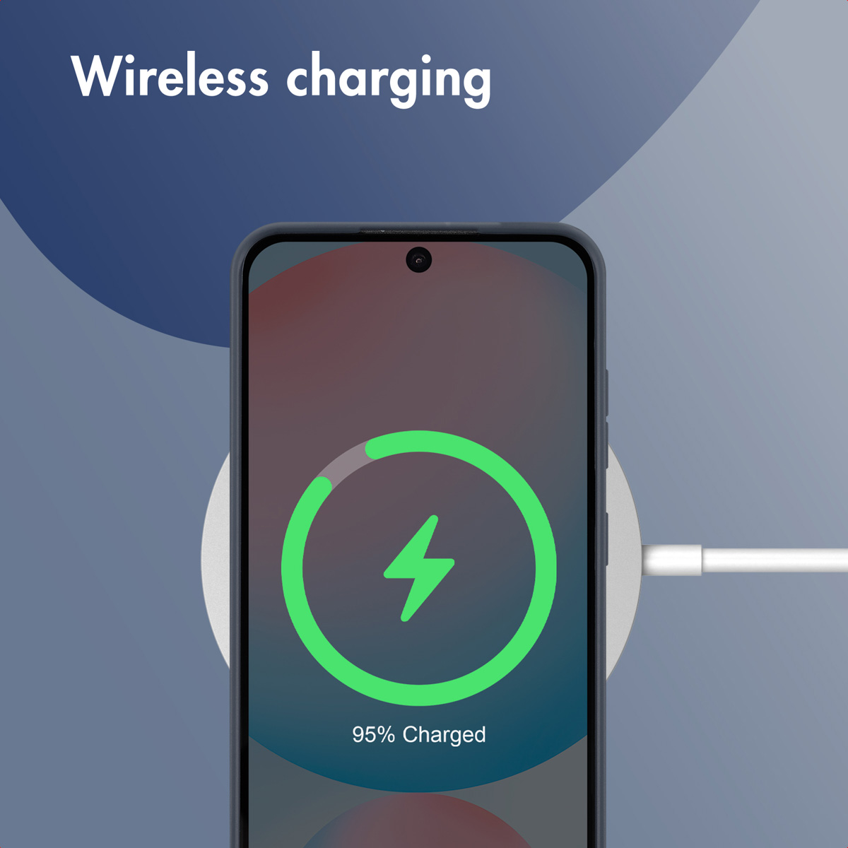 Smartphone on a white charging pad showing 95% battery and Wireless charging text.