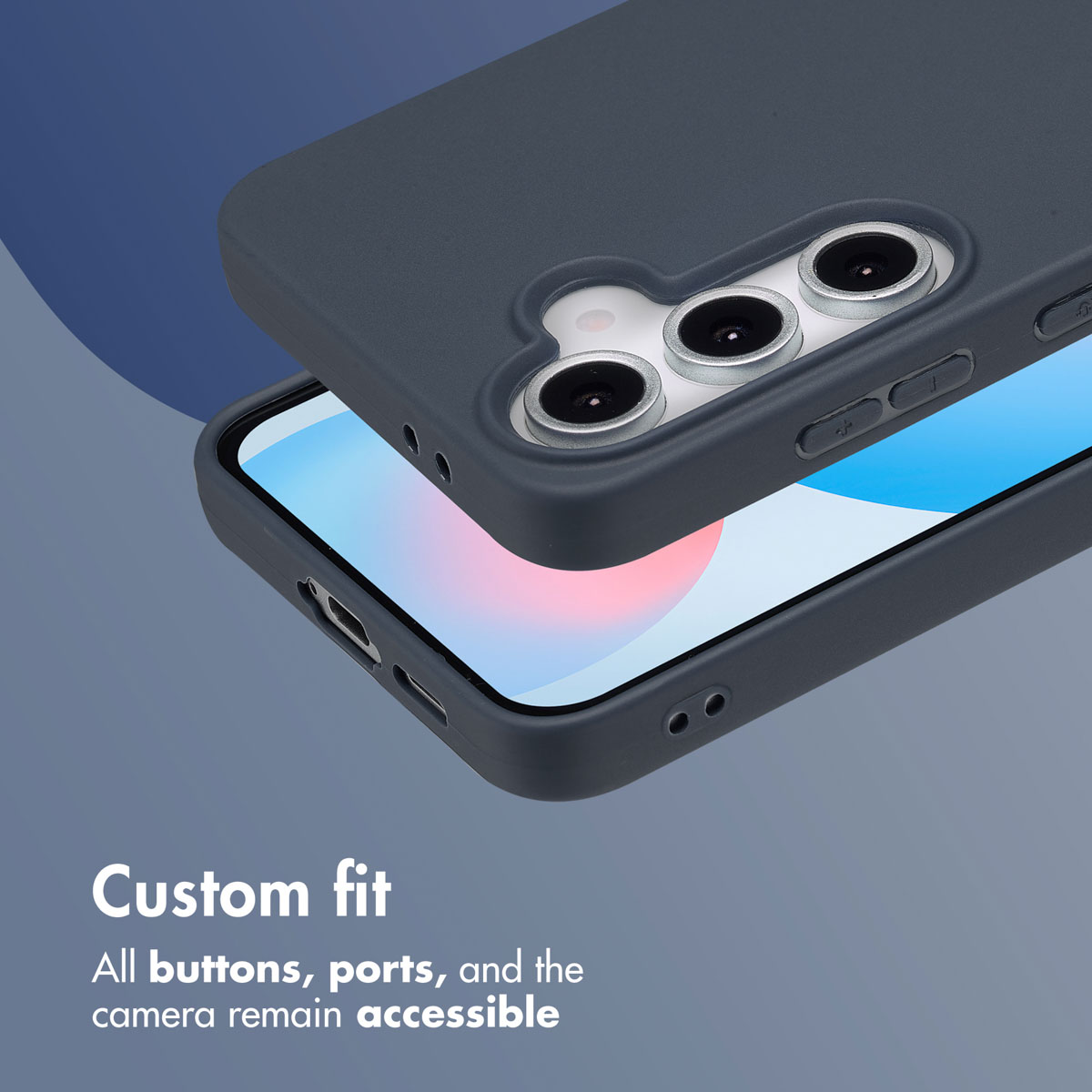 Dark blue smartphone case showing camera and buttons.