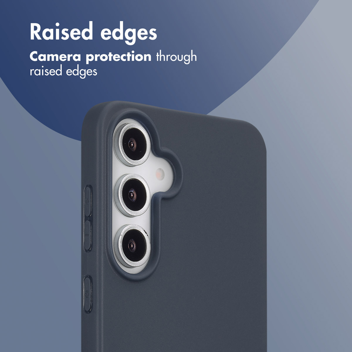 A smartphone in a dark blue case showing raised edges around the triple camera setup.