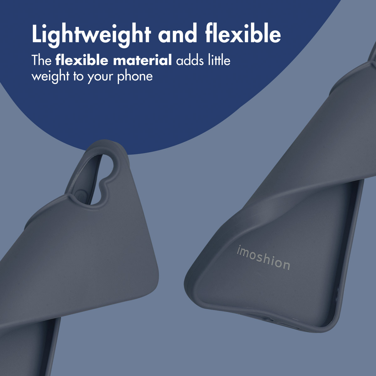 Flexible blue phone cases bending on a blue background with white text.