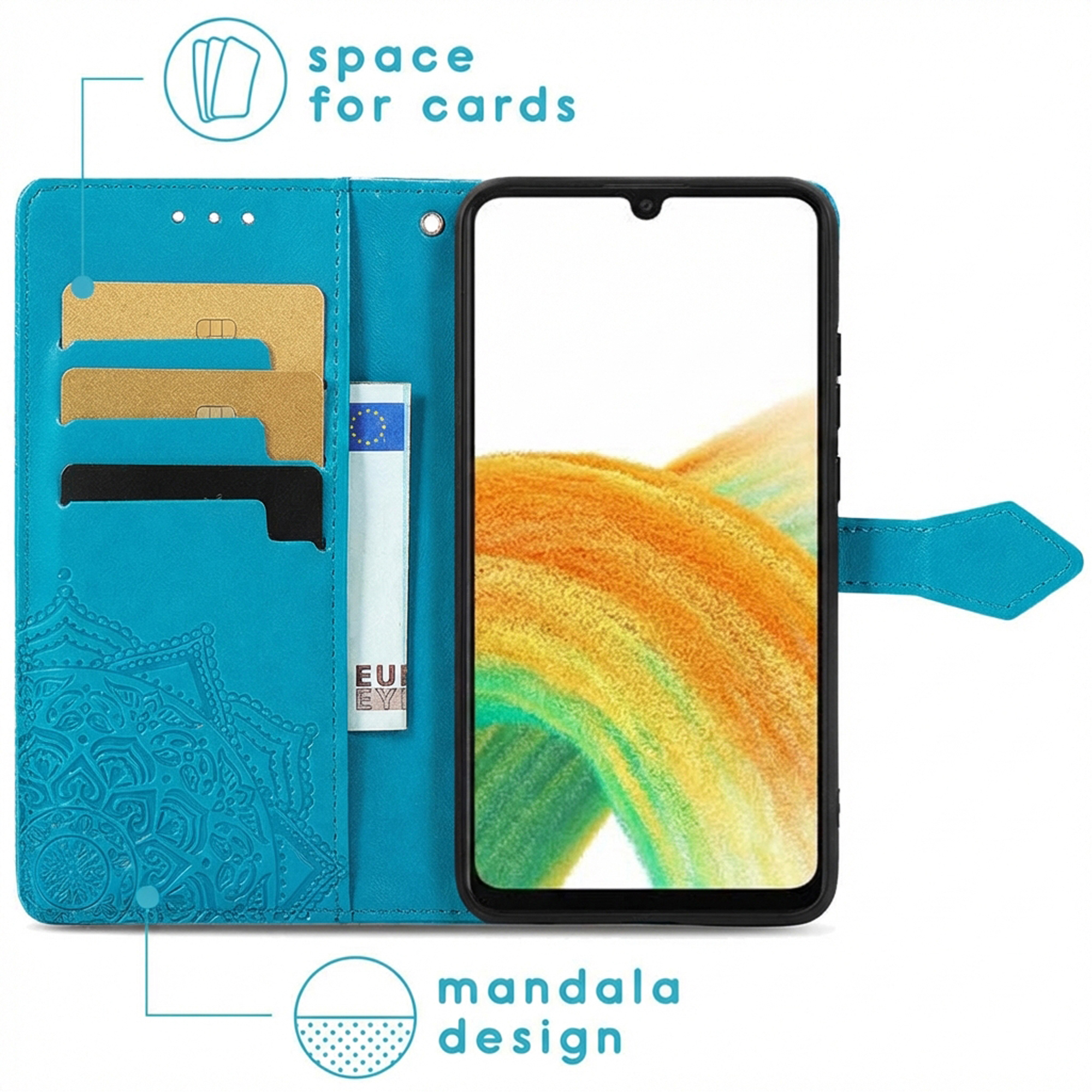 Étui portefeuille turquoise en cuir avec fentes pour cartes, billets en euros, mandala et téléphone.