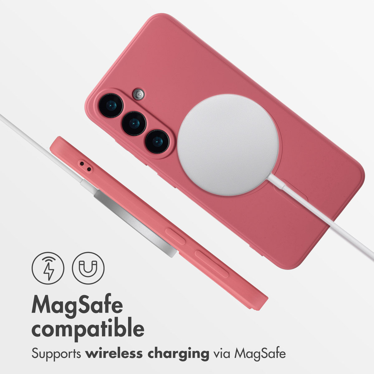Rosa Smartphone in Hülle mit MagSafe-Ladegerät und Kompatibilitätssymbolen.