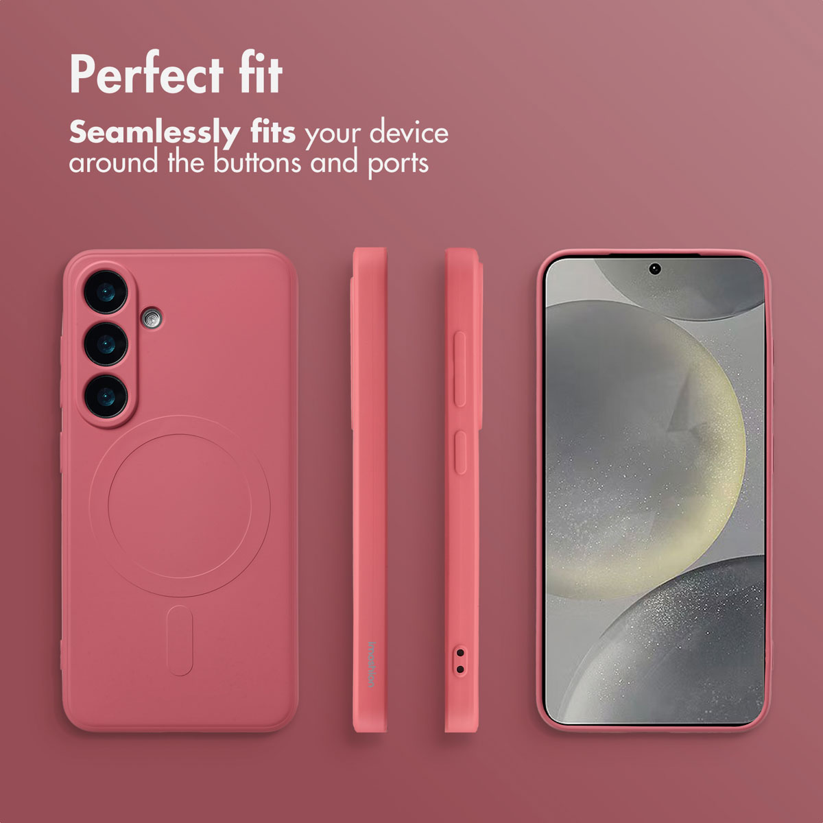 Rosa Smartphone in Schutzhülle von vorne, hinten und der Seite auf rosafarbenem Hintergrund.