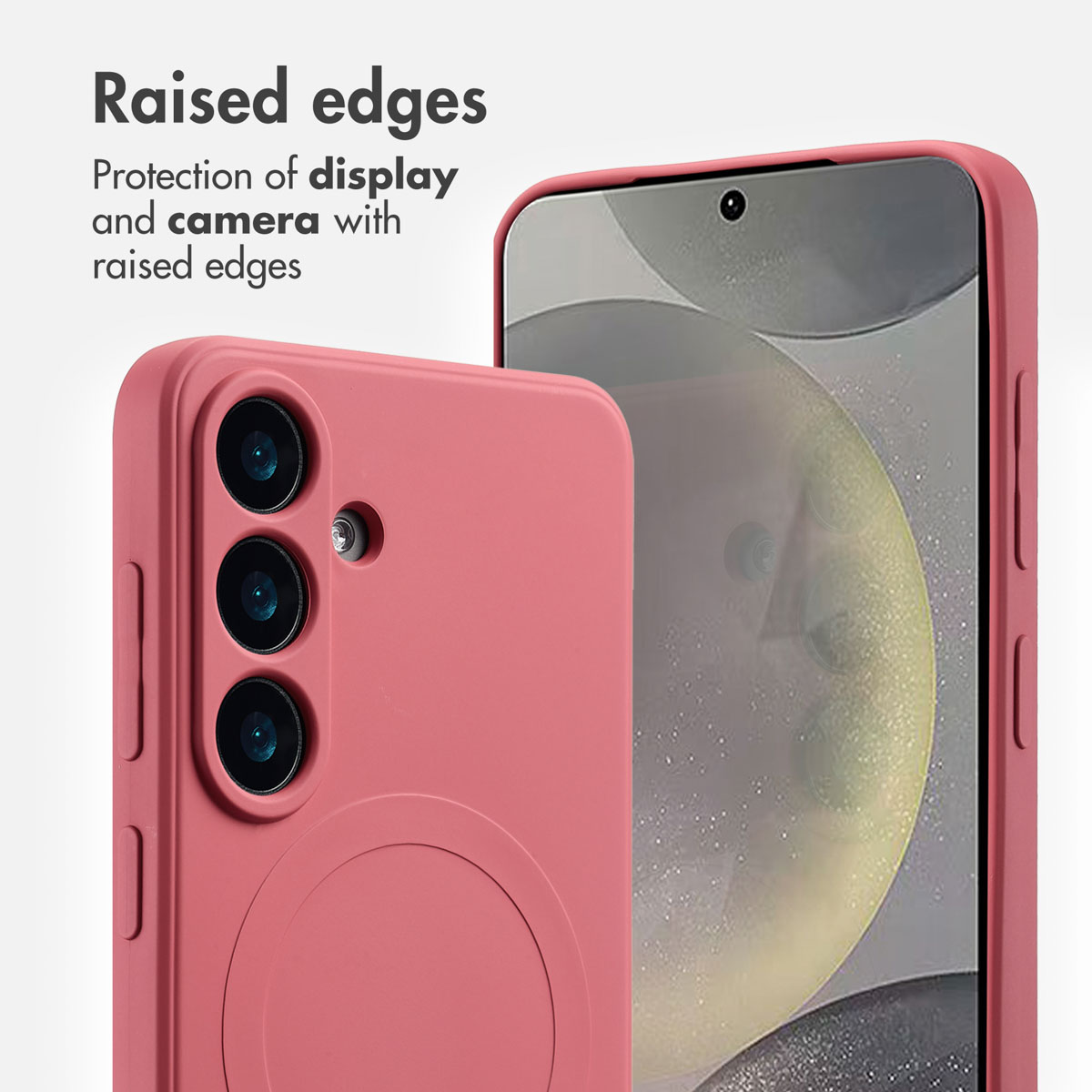Ein pinkfarbenes Smartphone mit Schutzhülle zeigt erhöhte Kanten für Display und Kamera.