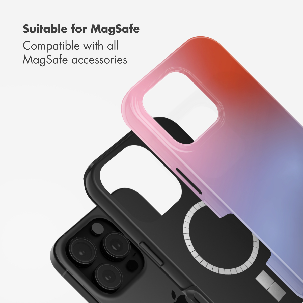 Cover per telefono sfumata sopra una custodia nera MagSafe con testo in alto a sinistra.