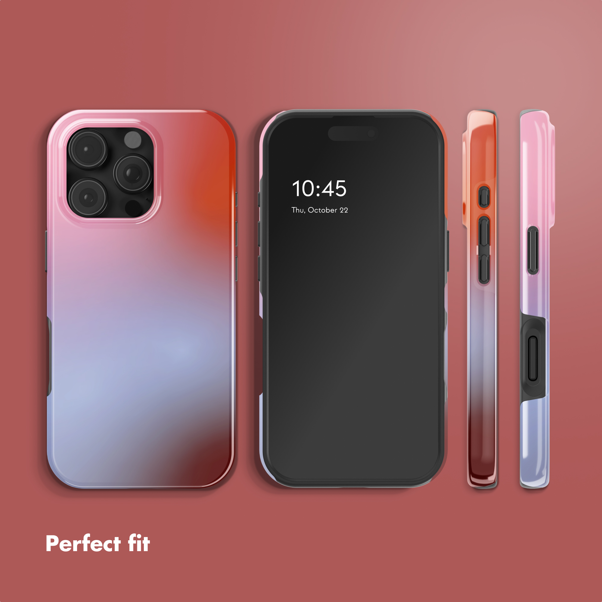 Quattro viste di uno smartphone con cover colorata e la scritta Perfect fit su sfondo rosso.
