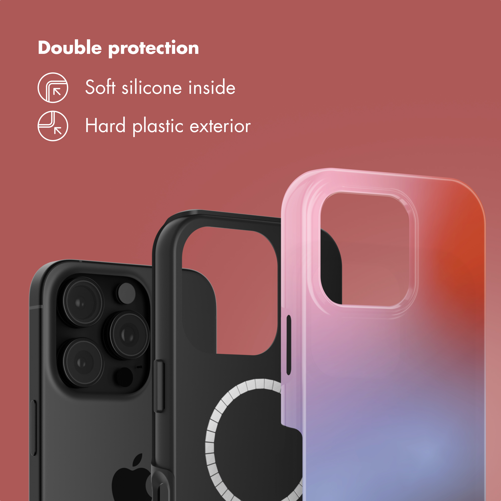 Doppia protezione: silicone morbido all'interno, esterno in plastica rigida, mostrato con telefono e cover.