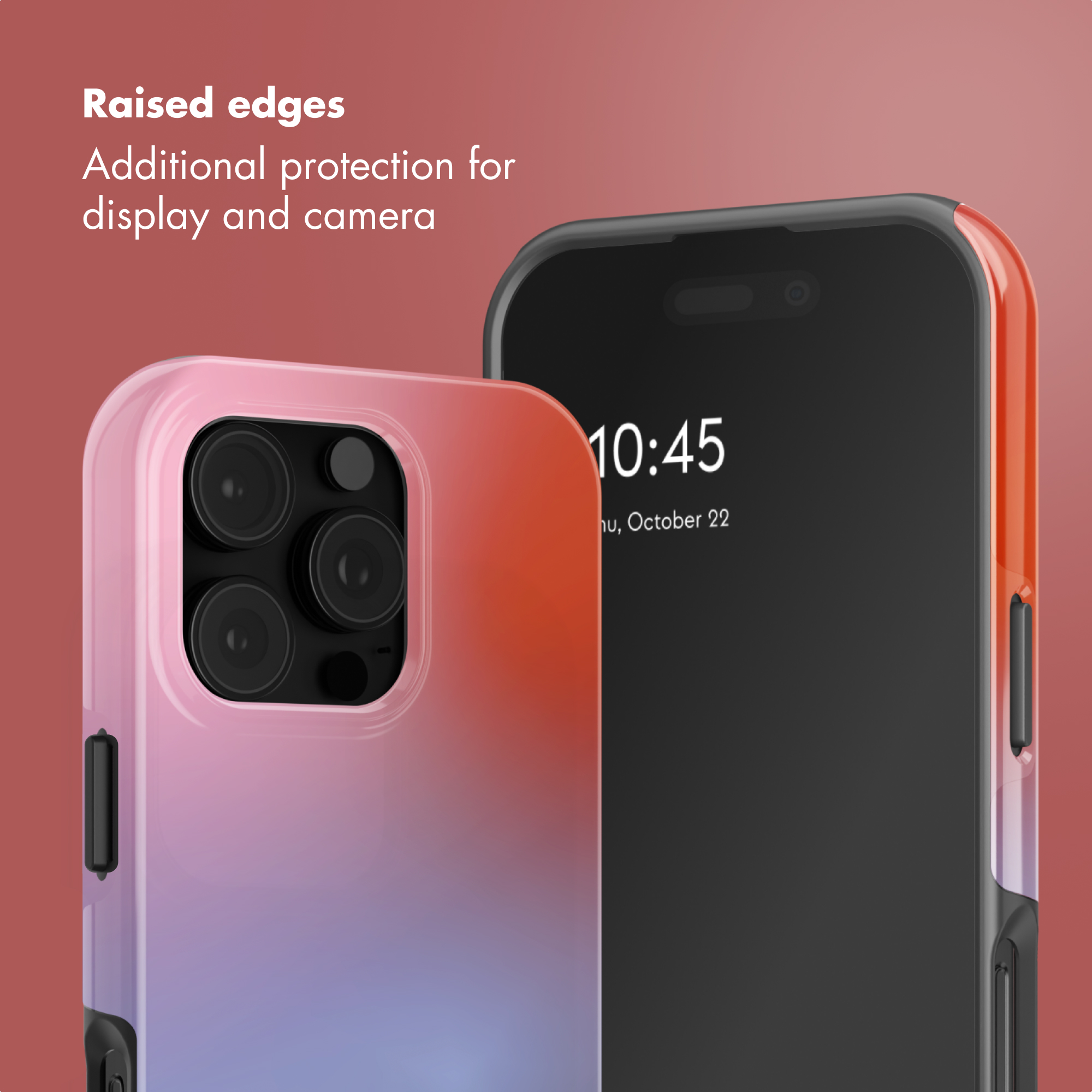 Due smartphone con cover sfumate su sfondo rosso, che evidenziano i bordi rialzati per proteggere schermo e fotocamera.