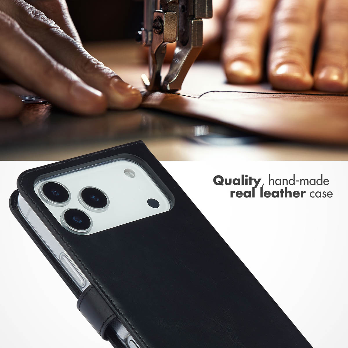 Une machine à coudre coud du cuir marron, en bas un étui de téléphone noir avec le texte Quality real leather.