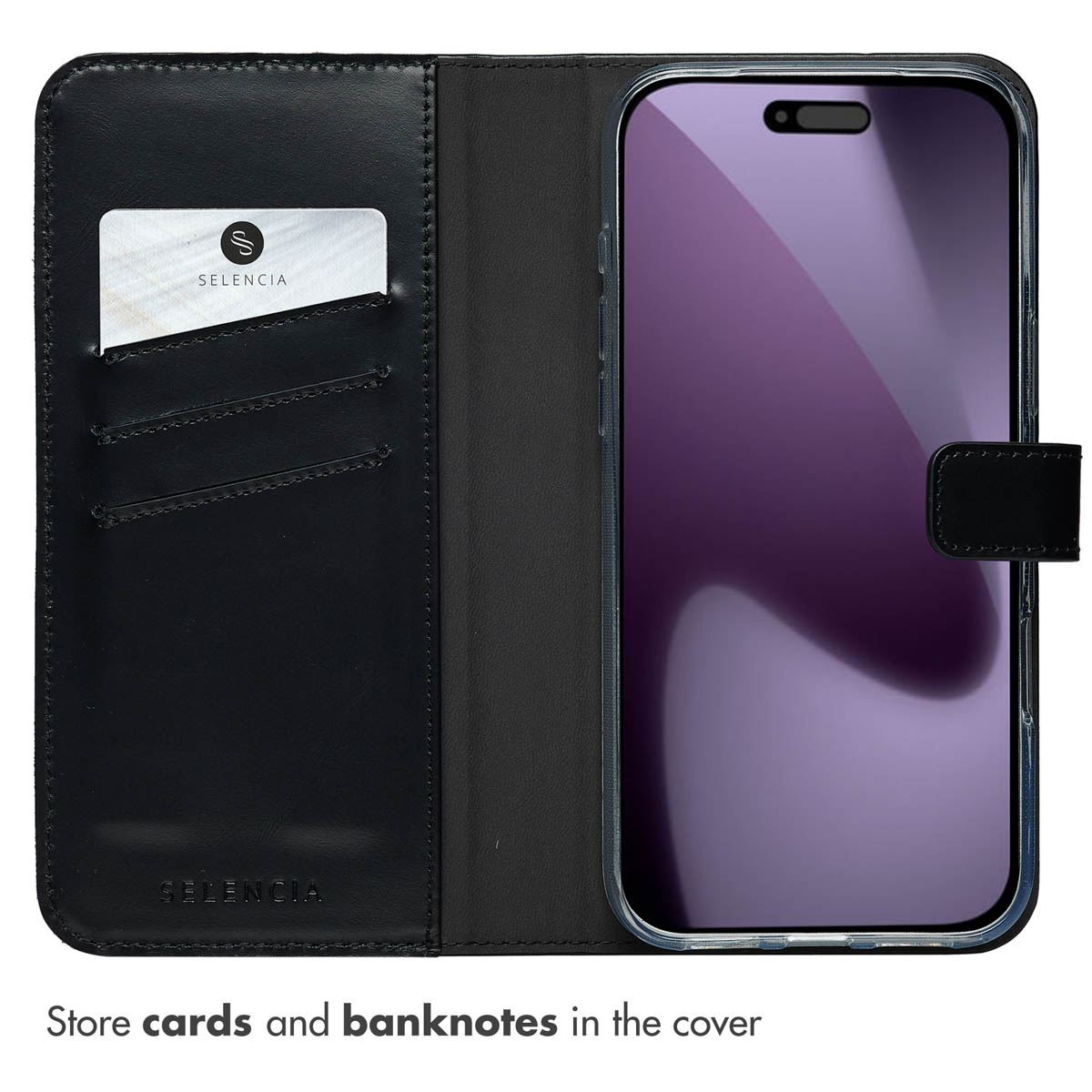 Un étui portefeuille en cuir noir pour smartphone avec des fentes pour cartes.