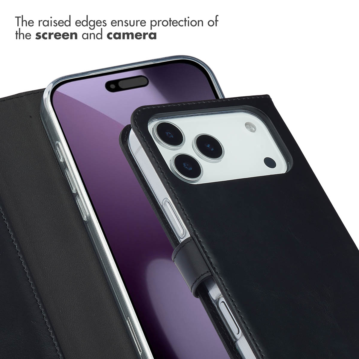 Les bords surélevés protègent l'écran et l'appareil photo d'un smartphone dans un étui noir.