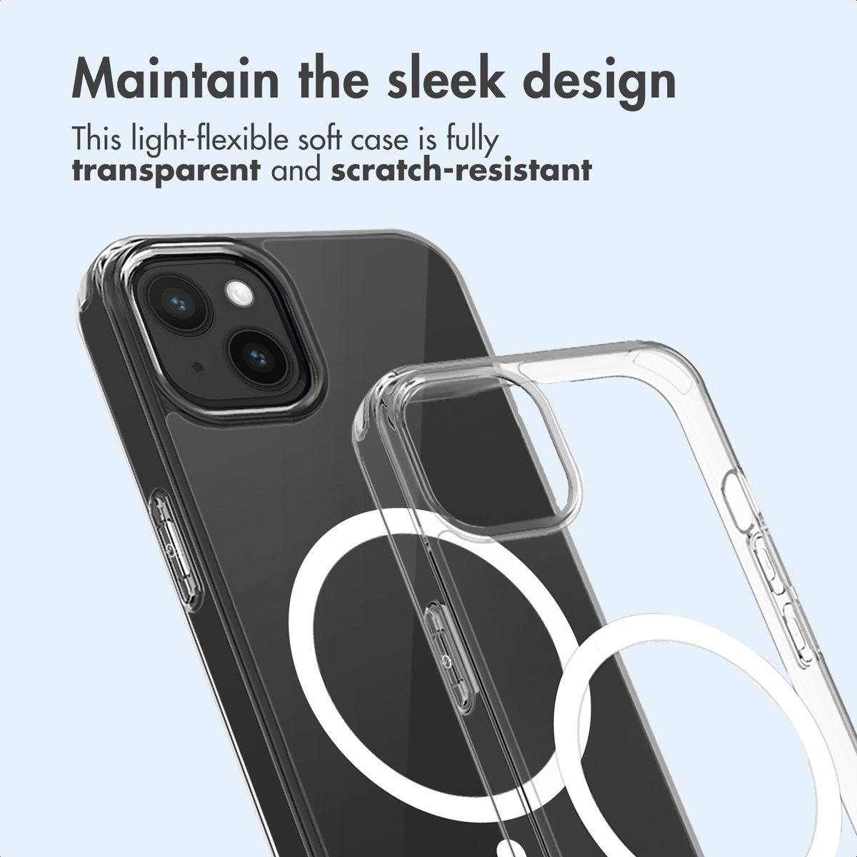 Custodia protettiva trasparente e flessibile per smartphone con anello MagSafe su sfondo azzurro.